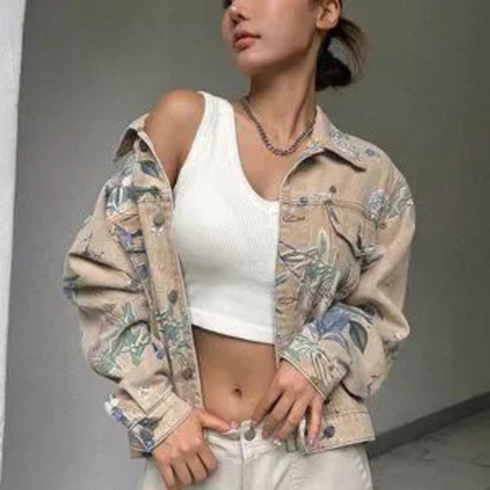 ZARA Multicolor Casual Womens Floral Print Drop Shoulder Denim Jacket